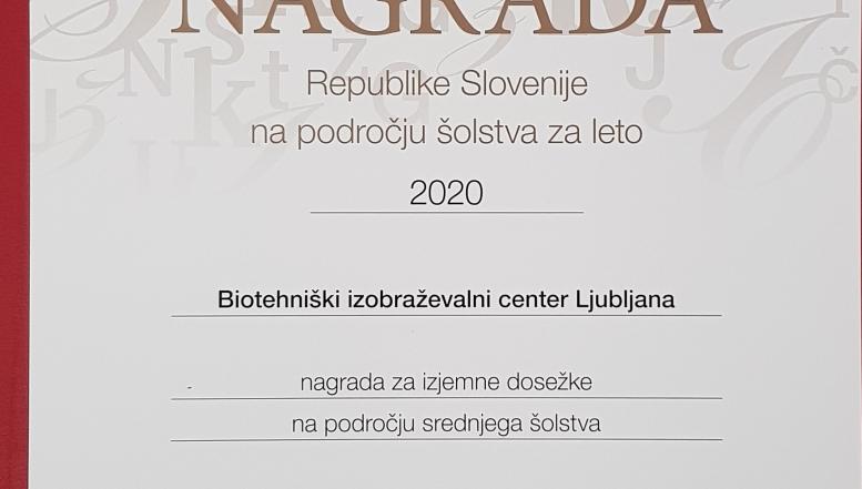 Nagrada za izjemne dosežke na področju šolstva 2020 BIC Ljubljana
