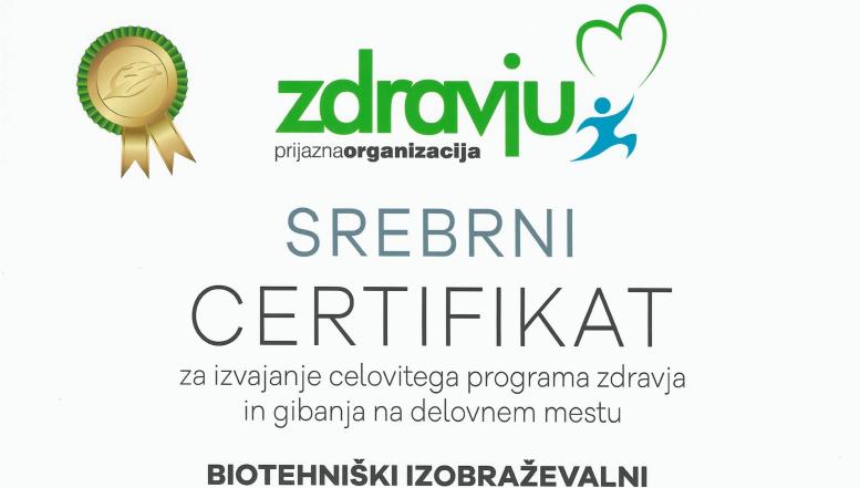 Srebrni certifikat Zdravju prijazna organizacija 2024 BIC Ljubljana