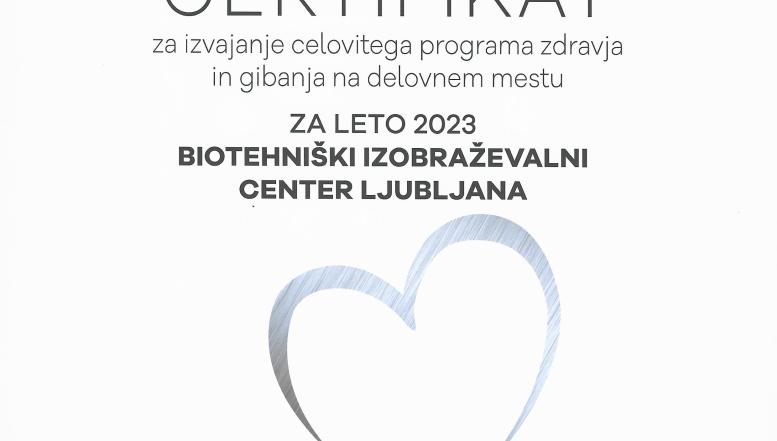 Srebrni certifikat Zdravju prijazna organizacija BIC Ljubljana
